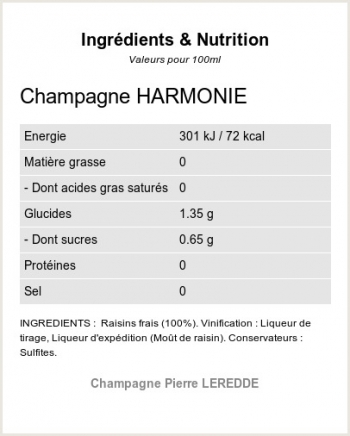 Champagne Brut Harmonie - Ingr�dients et Nutrition 