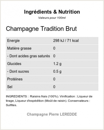 Champagne Brut Tradition - Ingr�dients et Nutrition 